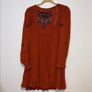 Free People Embroidered Long Sleeve Dress in Rust